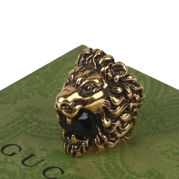 NEW Authentic Gucci Lion Head Crystal Ring In Gold & Black Sz 13 IT 6.5 US - Picture 1 of 10